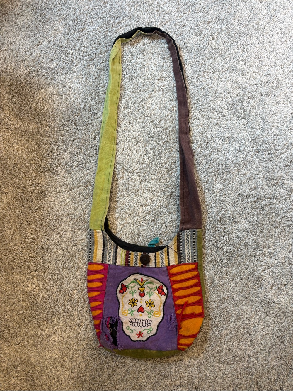 100% Cotton Hobo Crossbody Bag With Sugar Skull - OS